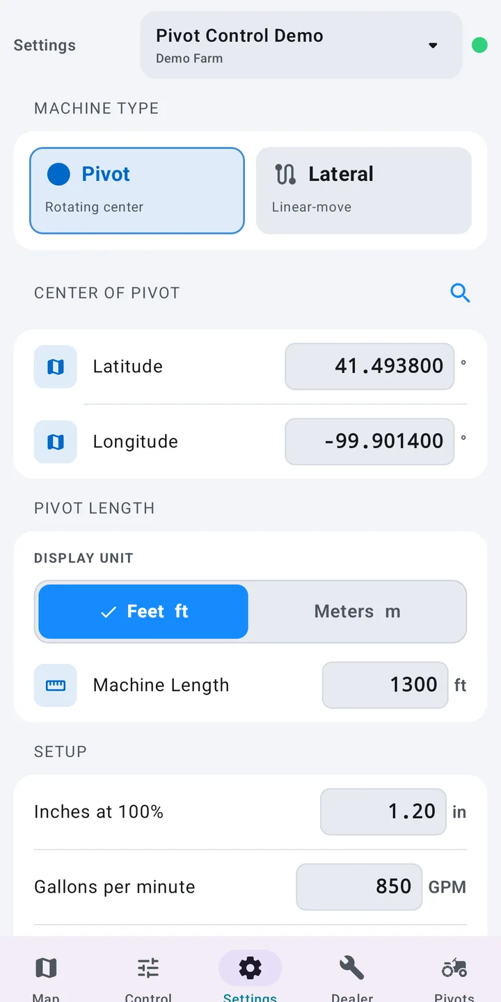 Pivot settings in Pivot Control PLC for Android