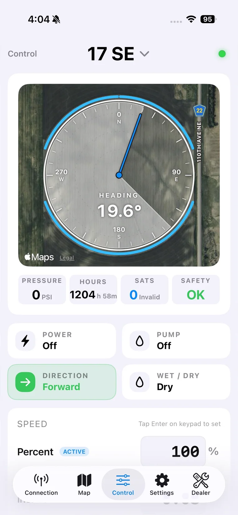 Pivot Control PLC live control screen on iPhone