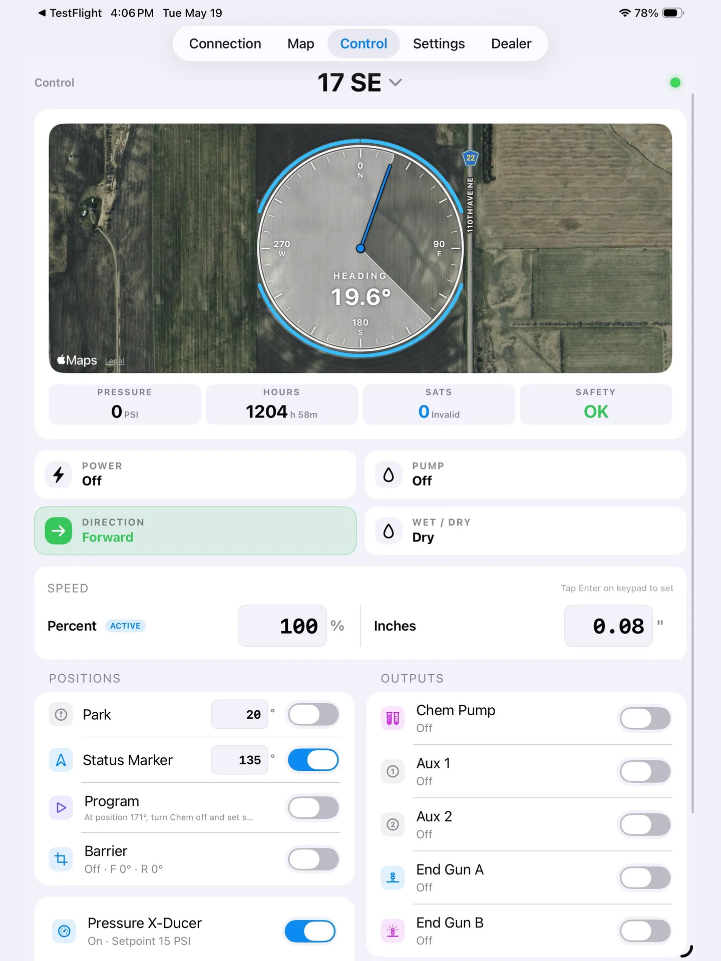 Pivot Control PLC control dashboard on iPad