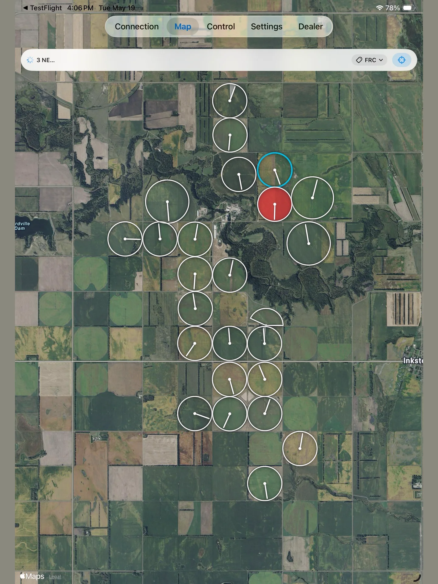 Farm-wide satellite map showing multiple center pivots in Pivot Control PLC