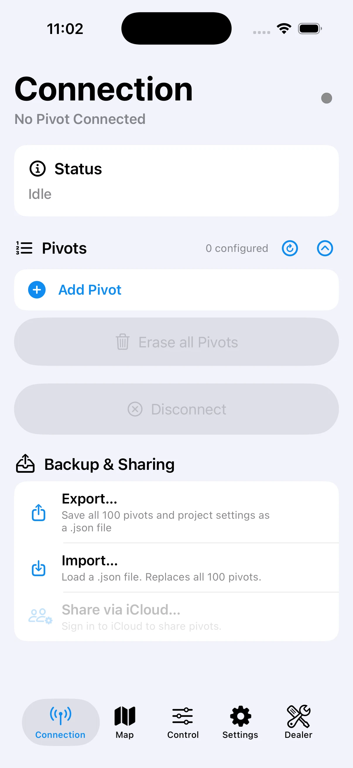 The Pivots tab on a fresh install, before any pivots have been added.