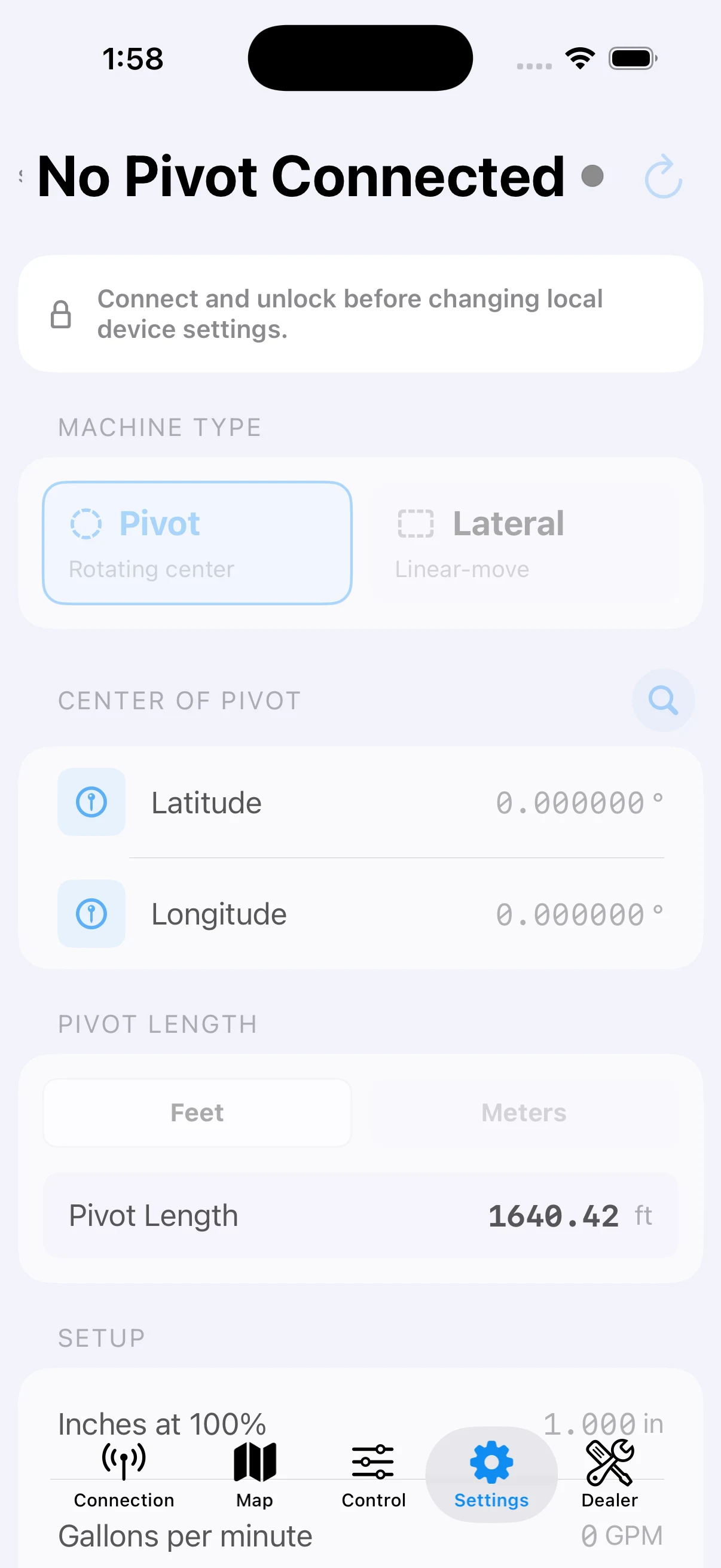 The Settings page showing the per-pivot calibration sections.